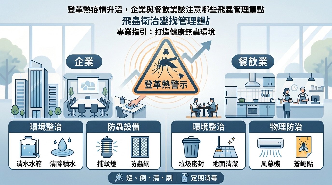 登革熱疫情與企業飛蟲管理示意圖