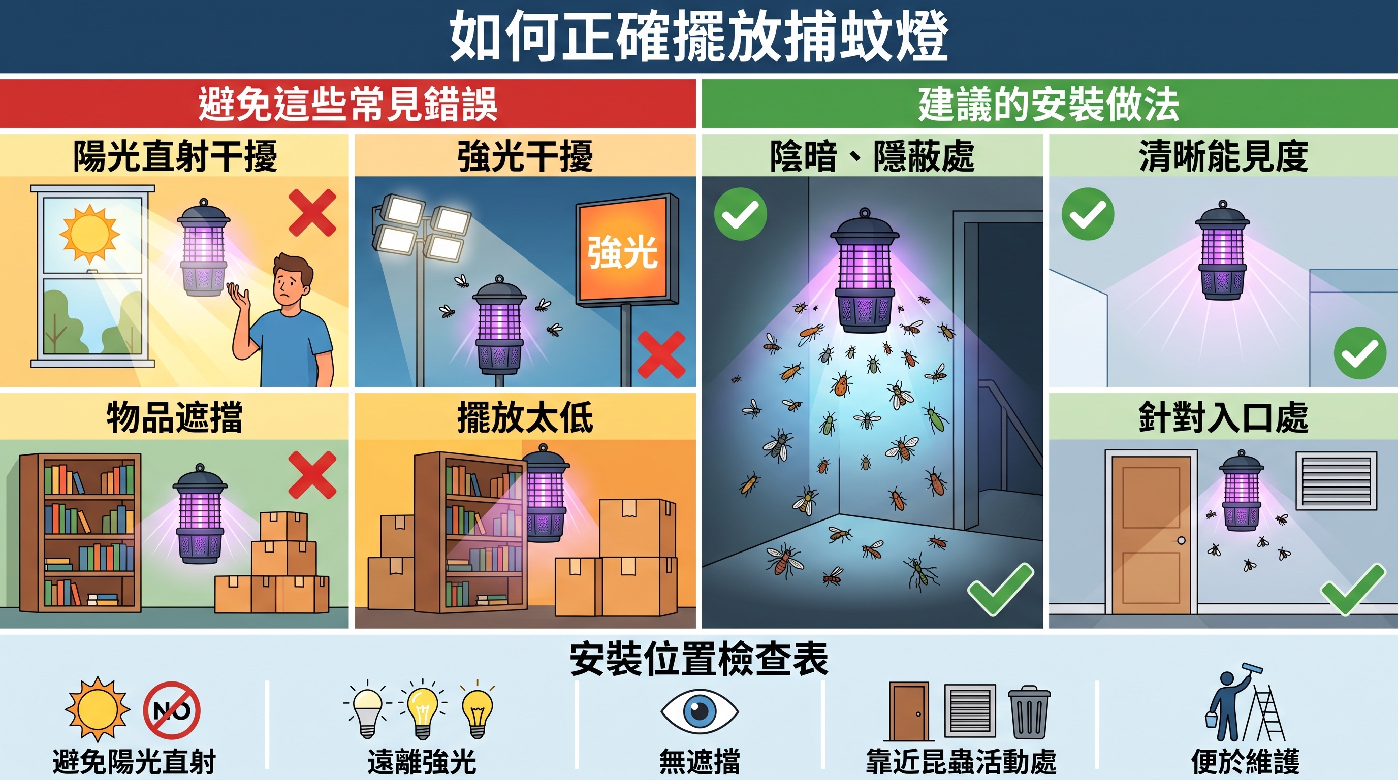 捕蚊燈安裝位置與捕蟲效果示意圖