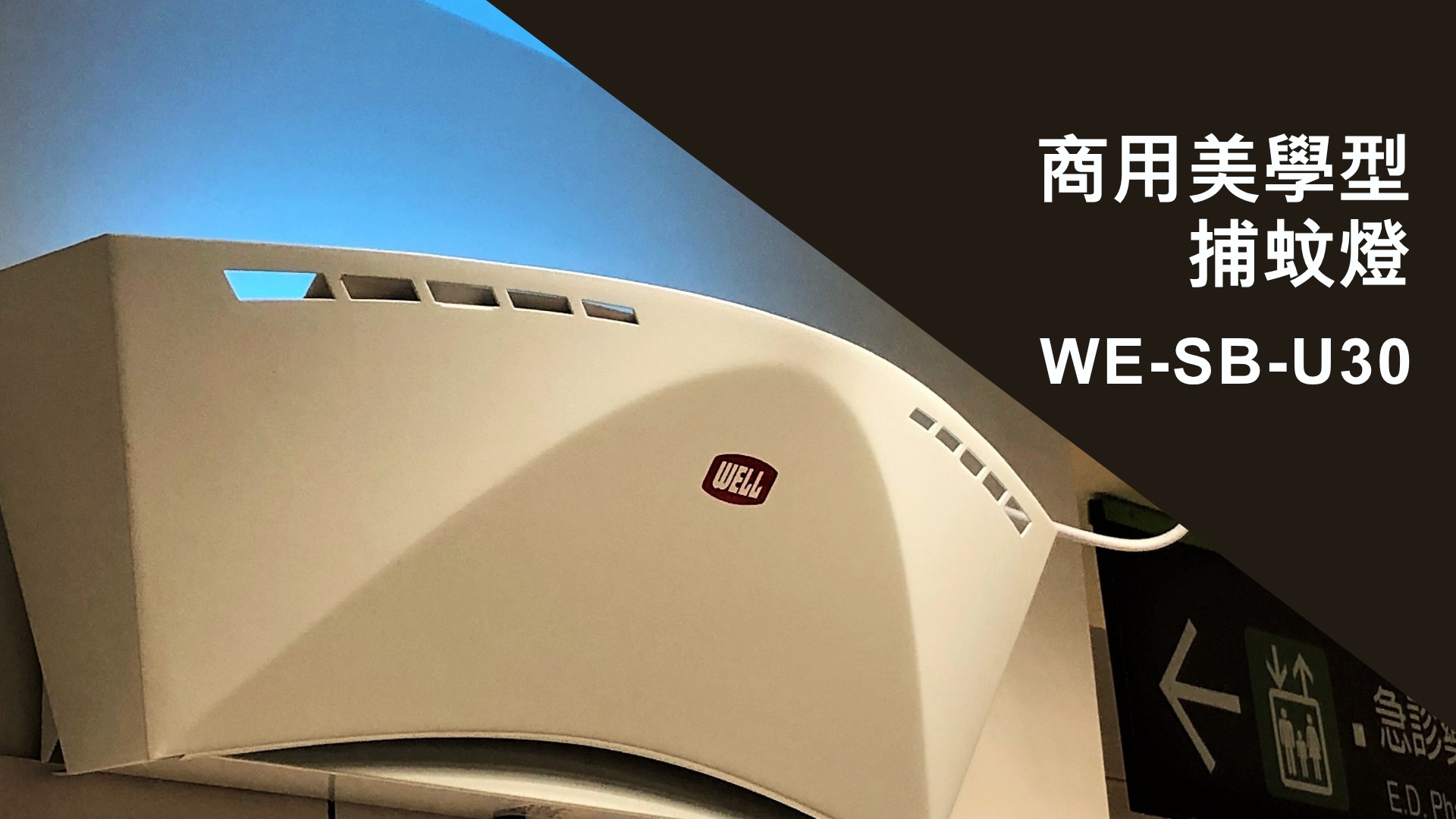 WE-SB-U30 黏紙式捕蚊燈應用於醫院室內公共空間,透過向上誘蟲與黏紙捕捉進行飛蟲管理