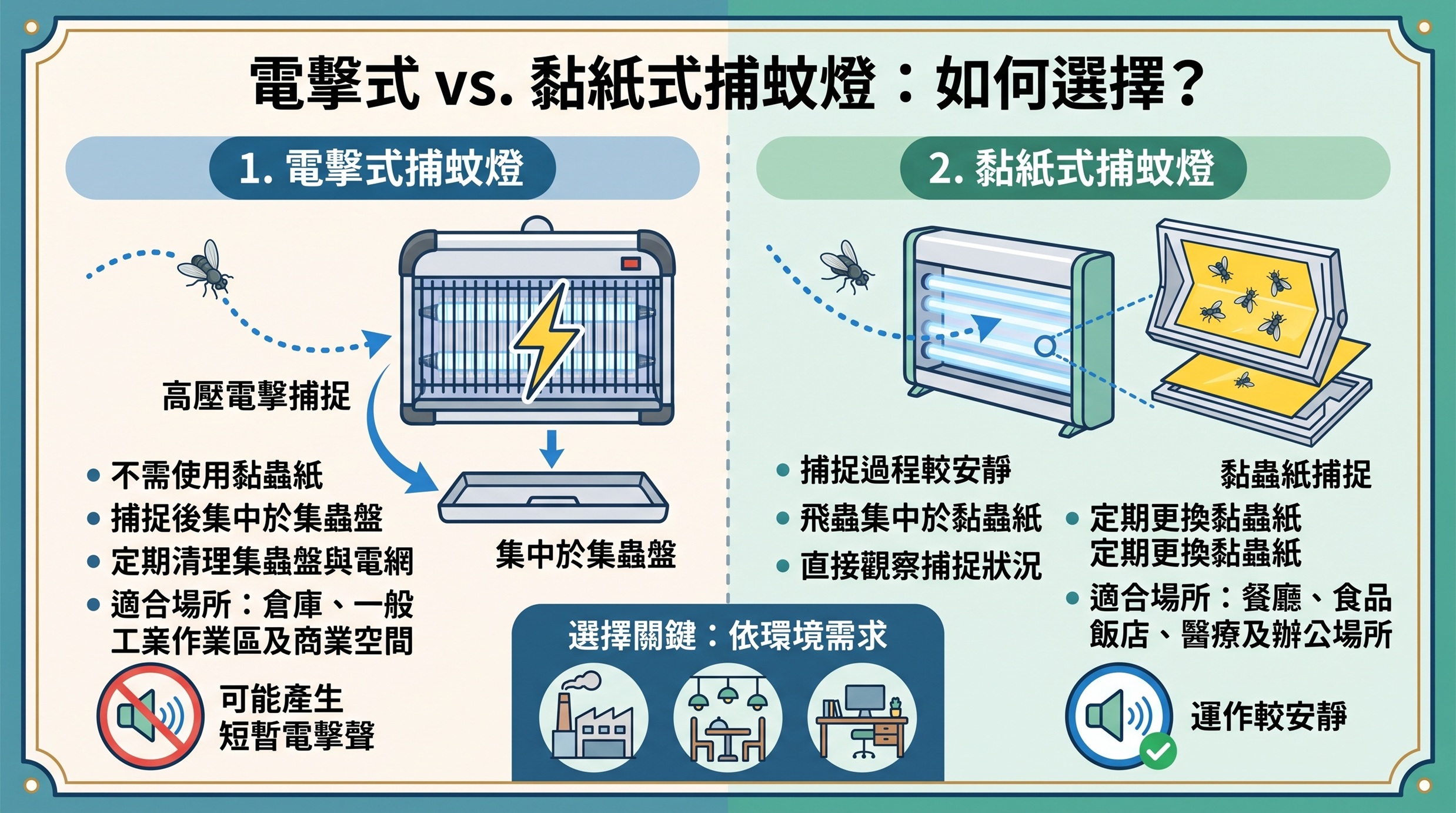 電擊式與黏紙式捕蚊燈比較示意圖